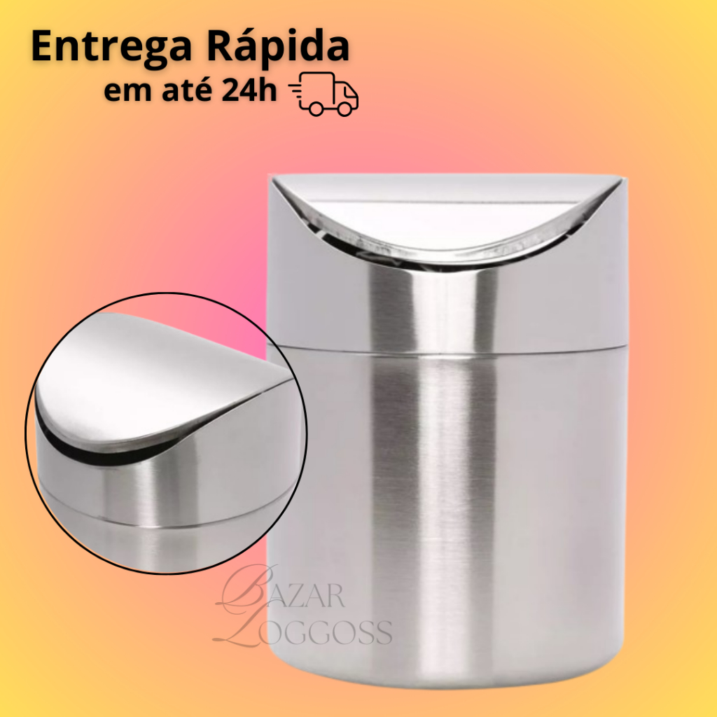 Mini Lixeira De Mesa e Pia Cozinha Em Aço Inox Com Tampa | 1,5 Litros | 12 x16,5 cm