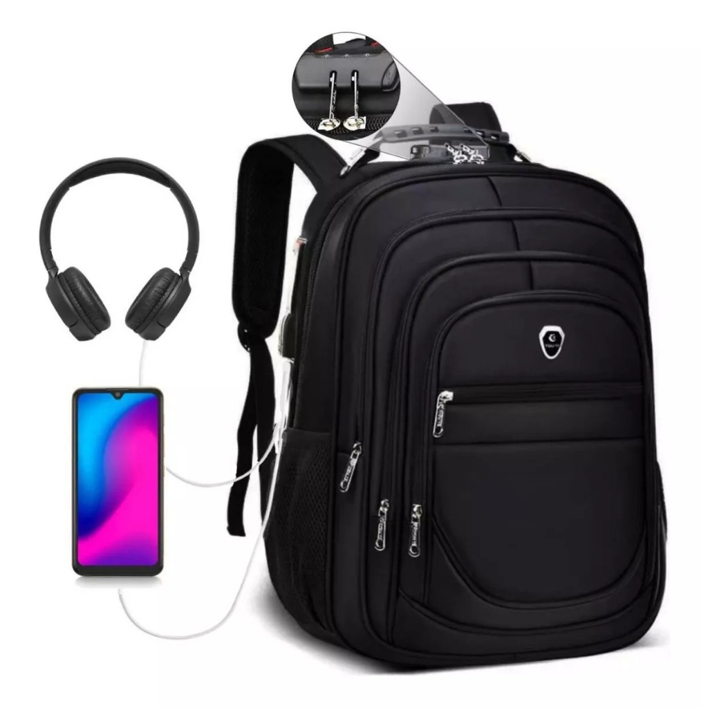 Mochila Masculina Feminina Grande Cabo de Aço Reforçada Impermeável Anti Furto USB Porta Notebook