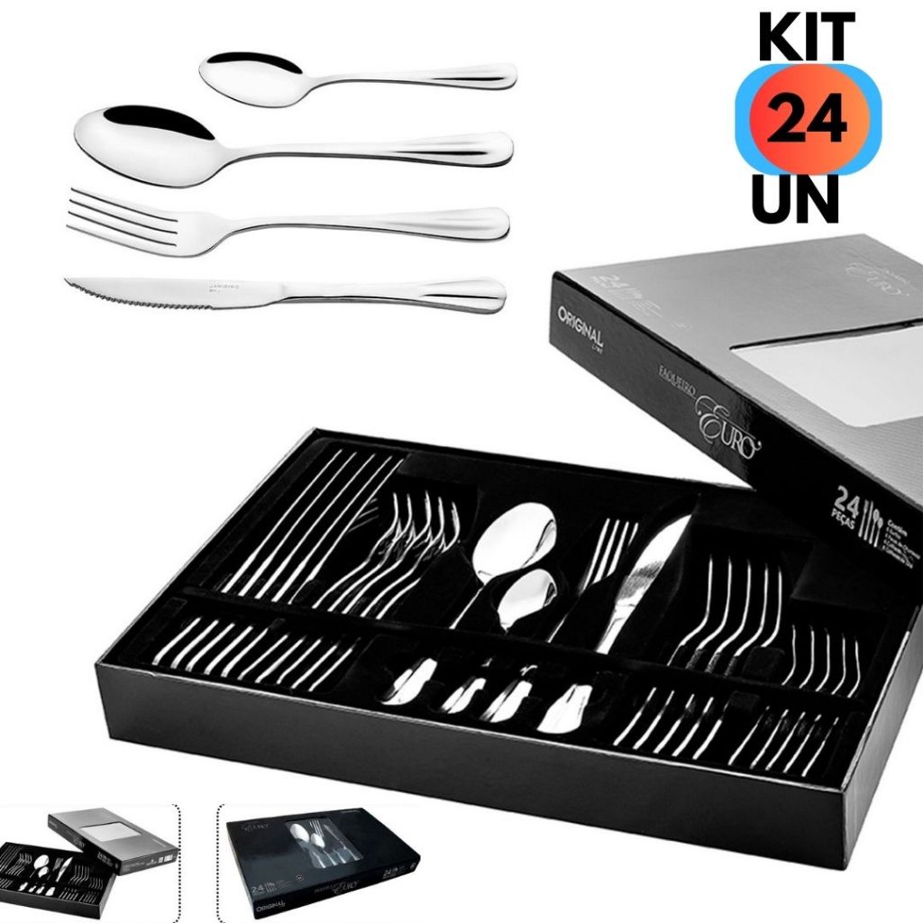 Jogo 24 Peças Faqueiro Completo Euro Premium Aço Inox Prata Faca+ Garfo + Colher+ Sobremesa Kit Mesa Posta Presente Buffet