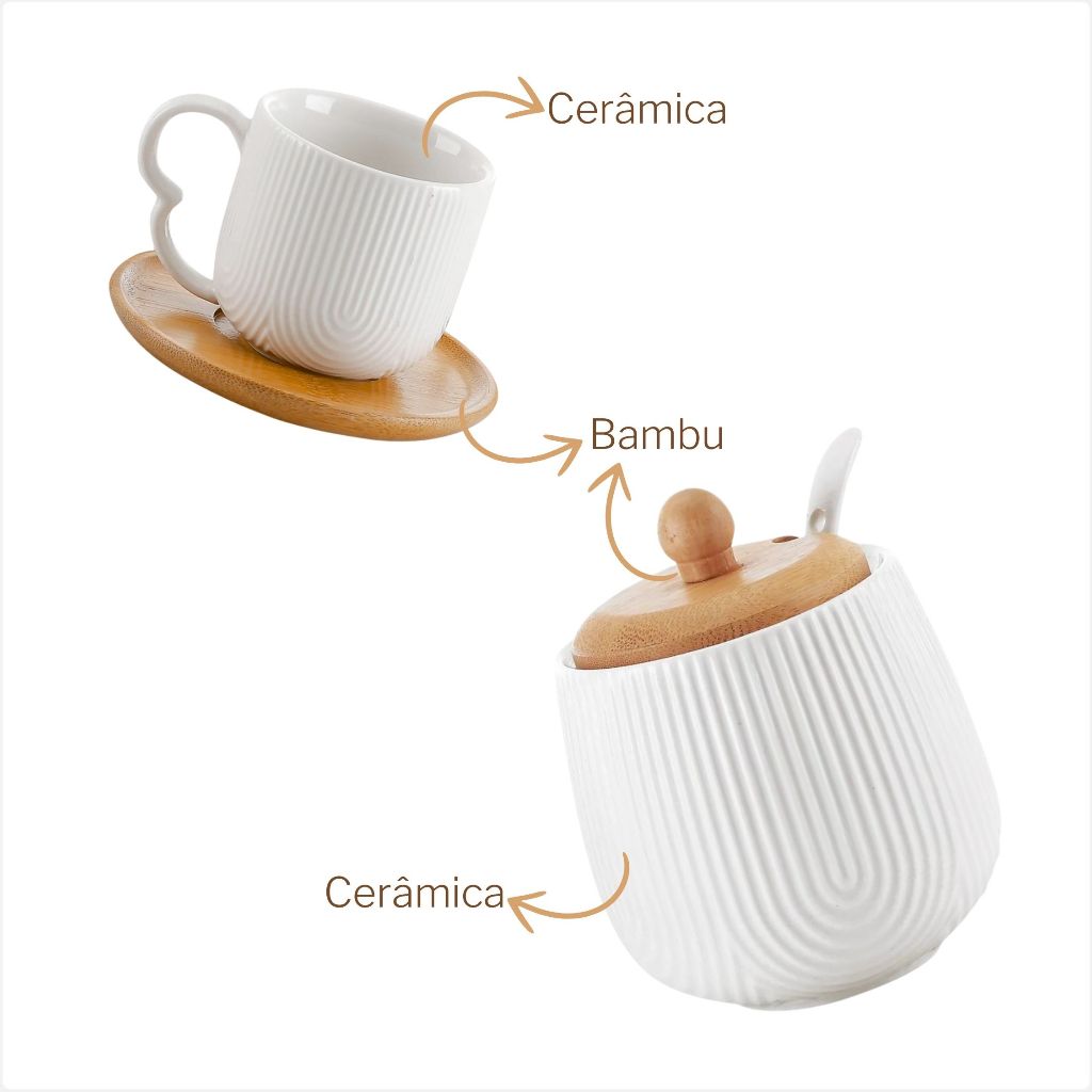 Conjunto 4 Xícaras de Café 90ml Com Açucareiro 360ml Em Cerâmica e Bambu Oásis