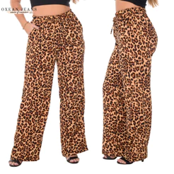 Calça Pantalona Feminina Onça Com Bolso Cintura Alta