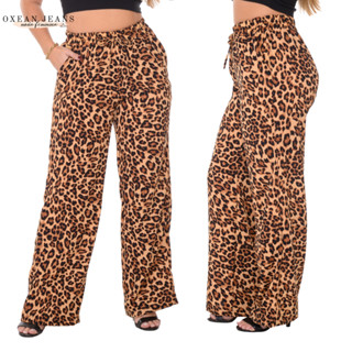 Calça Pantalona Feminina Onça Com Bolso Cintura Alta