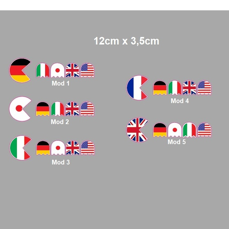 Adesivo pac man come come Japão Alemanha Itália França Inglaterra 12cm x 3,5cm NÃO RESINADO
