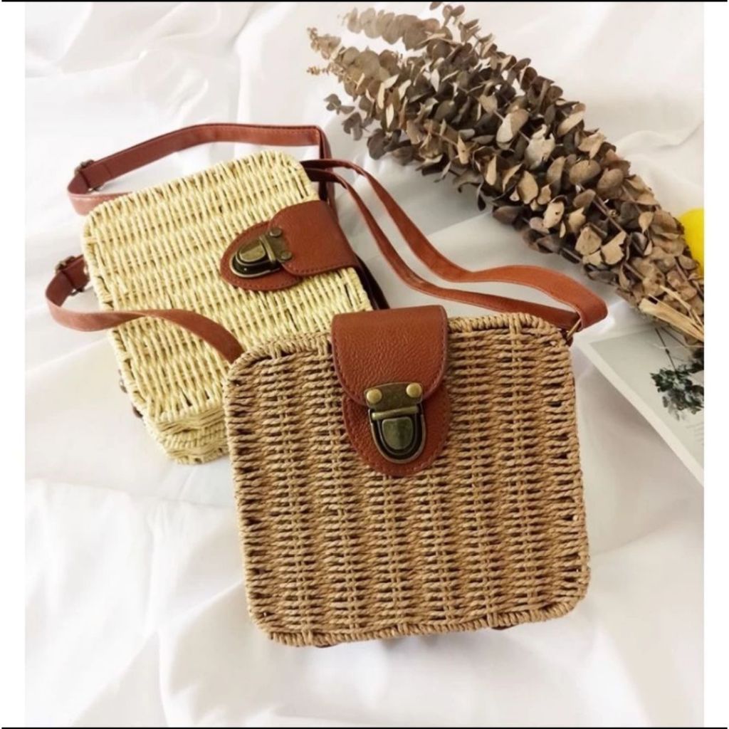 Bolsa Palha Boho Praia Quadrada Moda Forrada Verão Alça Cor Marrom Quadrada Cor da correia de ombro Couro Desenho do tec em Oferta na Shopee
