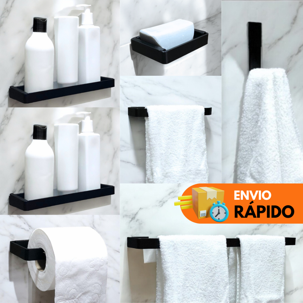 Kit Acessórios Para Banheiro com 7 peças - Preto Fosco - Cromado - Branco - Rose Gold - Decoração Prateleira Banheiro