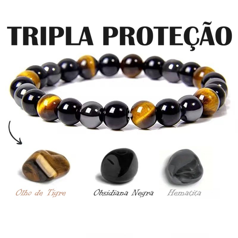 Pulseira Unissex Tripla Proteção Pedra Natural Olho de Tigre Obsidiana Hematita Bracelete Masc Fem em Oferta na Shopee
