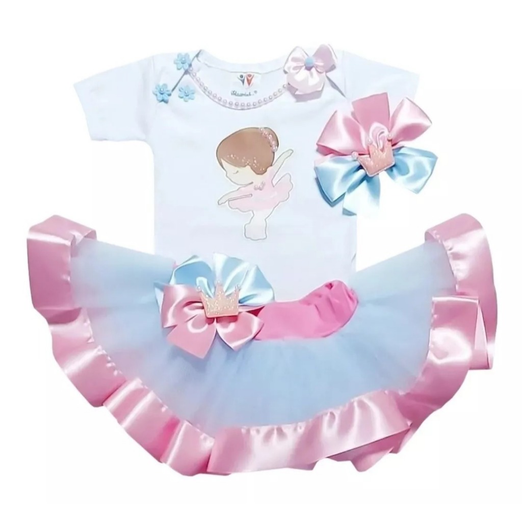 Conjunto tutu Bailarina Bebê Menina Roupa Infantil Festa Aniversário Mesversário Body Temático, Saia e Laço 3 Peças