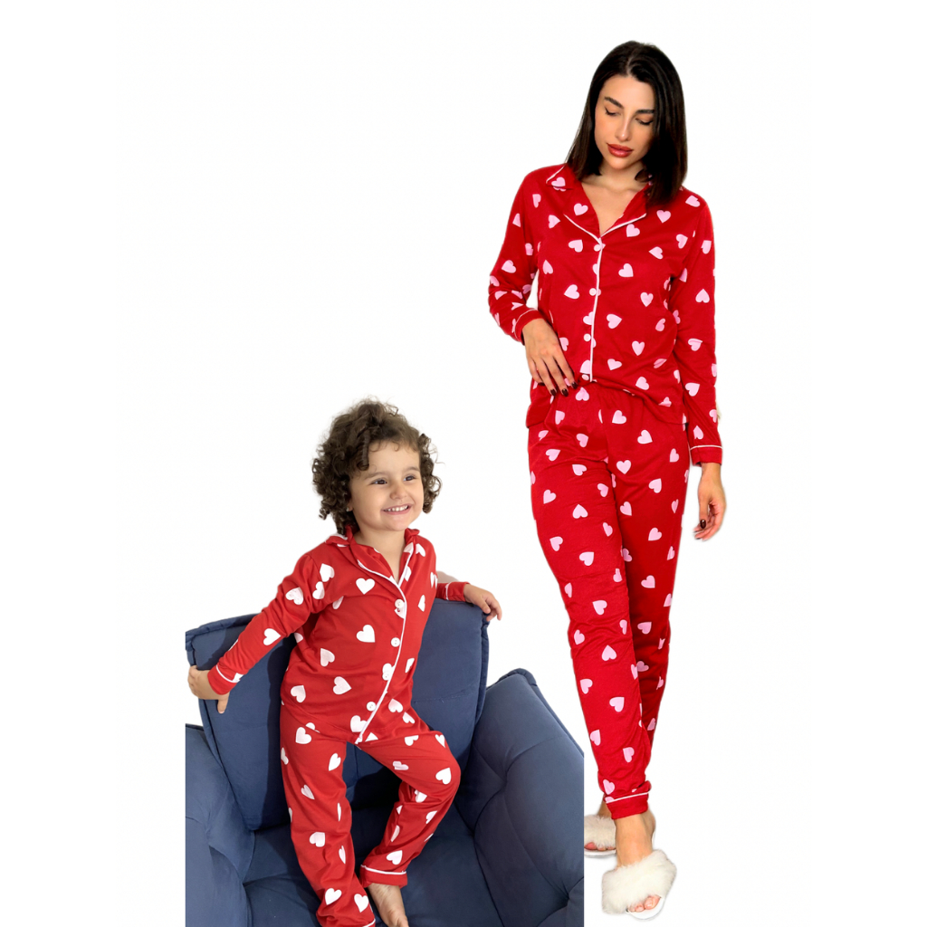 Kit Mãe e Filha 2 Conjuntos Pijama Americano Calça e Blusa Manga Longa Com Botões de Frio de Malha
