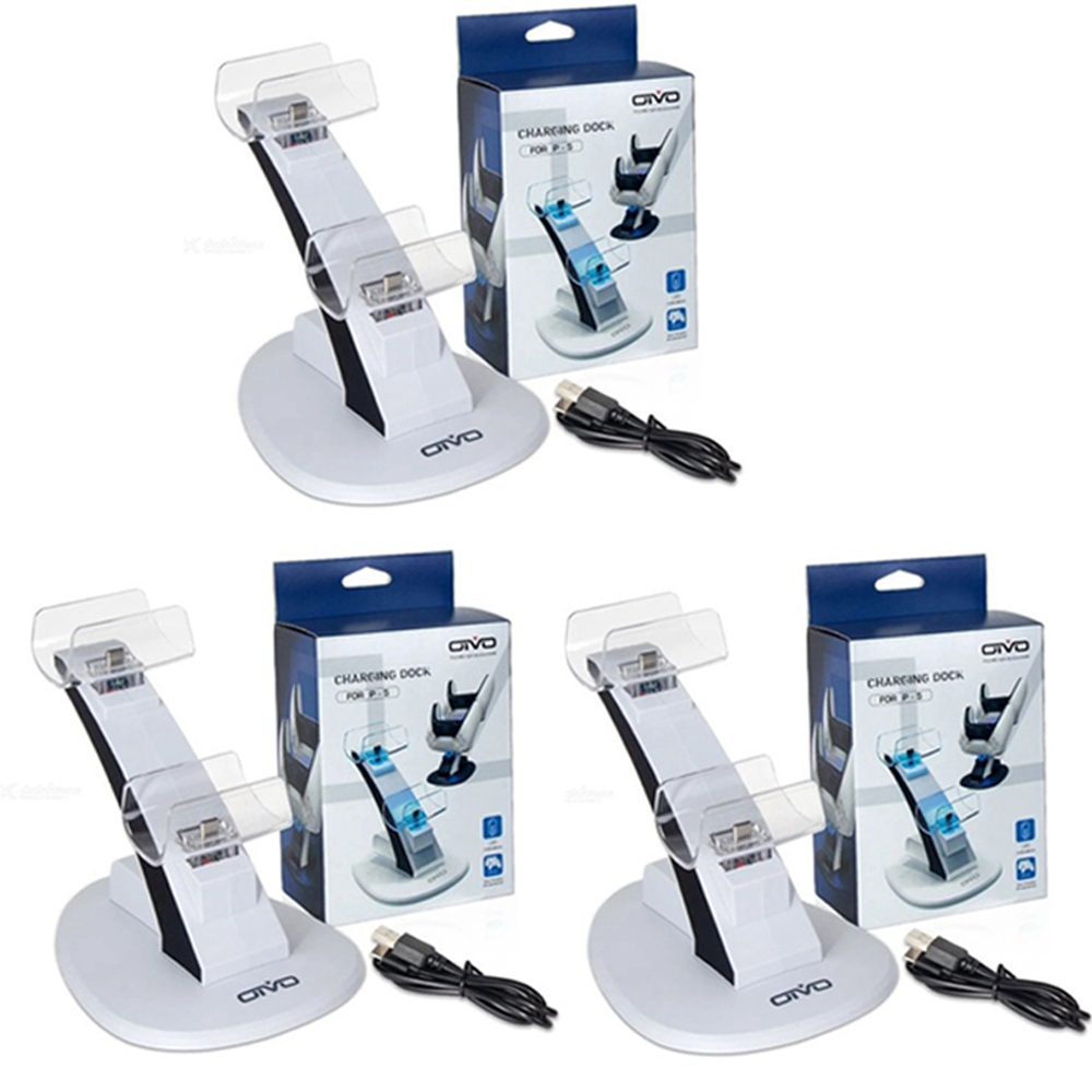 Kit 3 Suporte Base Dock Carregador 2 Controles Com Led Ps5