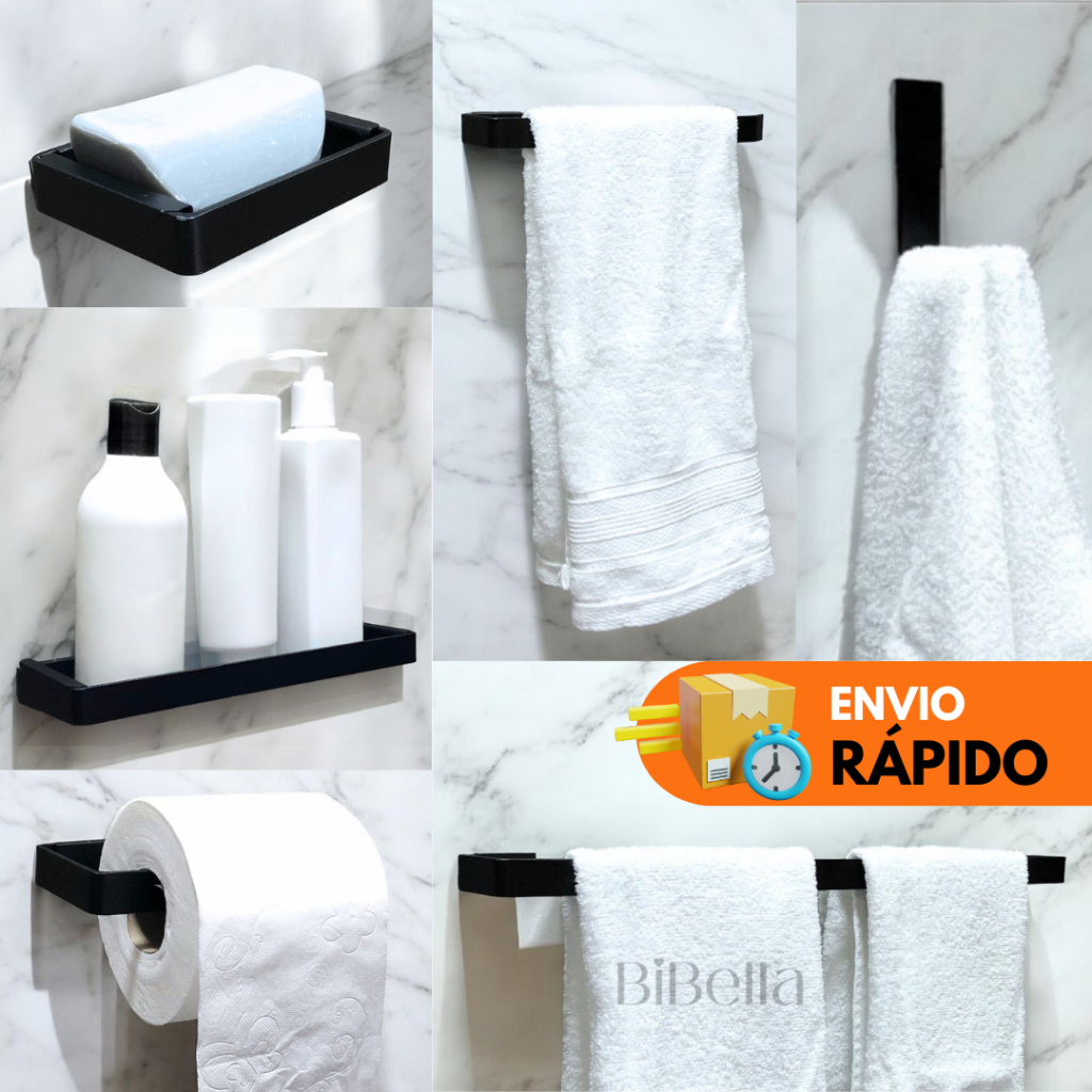 Kit Acessórios Para Banheiro com 6 peças - Preto Fosco - Cromado - Branco - Rose Gold - Decoração Prateleira Banheiro