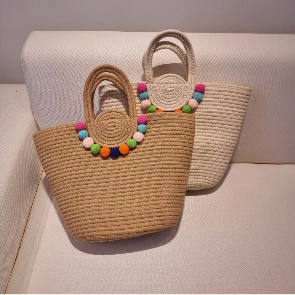 Bolsa de Praia com Bolinhas feminina Bolsa De Praia e Passeio De Alça De Mão e Fecho De Zíper Com Pompom em Oferta na Shopee