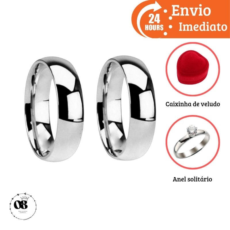Par de aliança prata inox 6mm tradicional namoro com anel solitário aço inoxidável mais caixinha de veludo alianca anatômica polida prateada  lisa com caixa de veludo anel de compromisso noivado