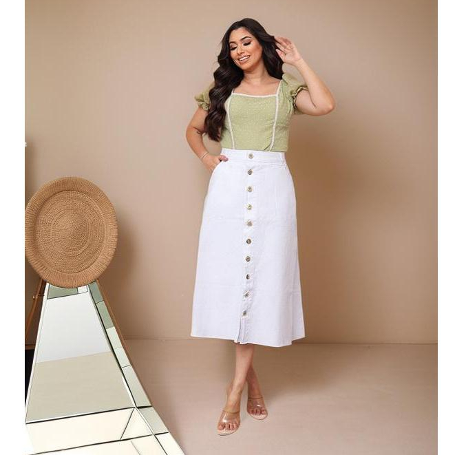 Saia Jeans Longa Branca Toda Lisa Com Botões e Bolsos 100% Jeans Luxo Moda Evangélica em Oferta na Shopee