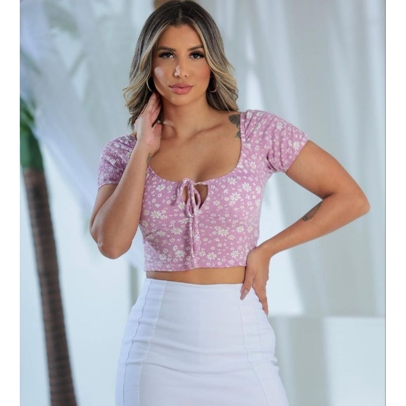 Blusa Cropeed Ciganinha Corseler Estampado Floral Cropeed Gringo Delicado Feminino