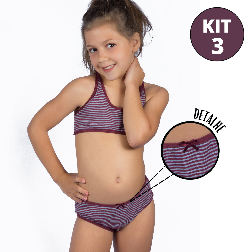 Kit 3 Conjuntos Infantil Cotton Lorena Alça Cruzada Conforto Algodão Básico Dia a Dia Sem Bojo