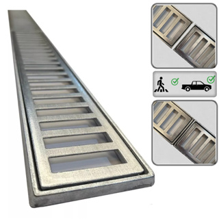 ralo linear 10x100cm grelha e suporte em alumínio para área externa, piscina e garagem ( 2  peças 10x50cm ) em Oferta na Shopee