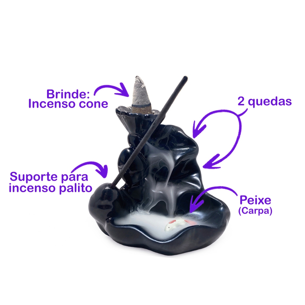 Imagem Incensário Cascata de Fumaça Invertida Porta Incenso Cone e Palito com 5 Incensos Cone