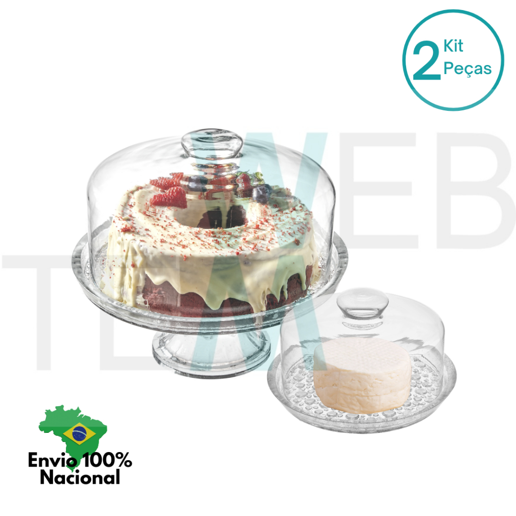 Conjunto Boleira com Pé Prato 28cm para Bolo e Queijeira Porta Queijos de Vidro Petit Poa Vitazza para Mesa Posta, Praticidade e Estilo Sustentável na Organização e Decoração