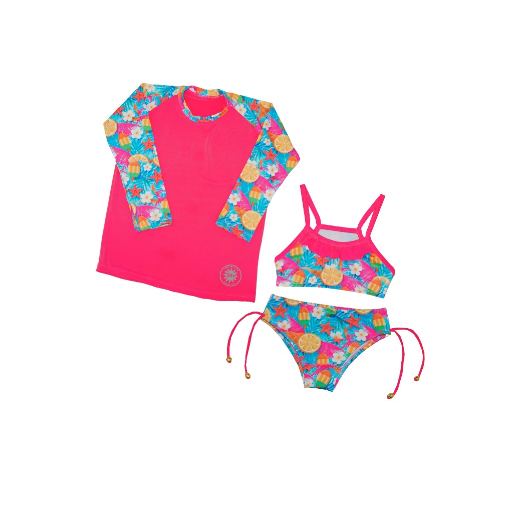 Conjunto menina 3 Peças Camisa+biquíni Proteção UV 50+ Praia/piscina do 2 anos ao 16 anos