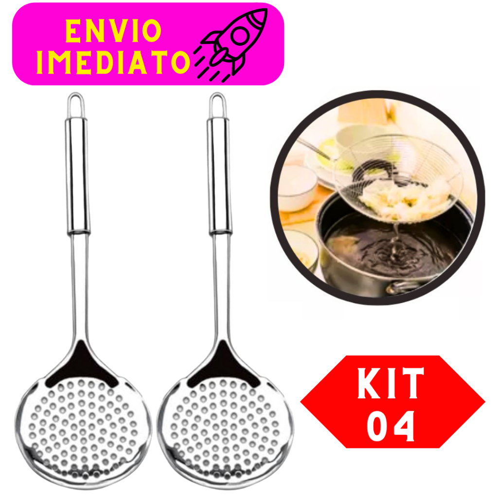 Kit 04 Escumadeiras Inox Reforçada Cabo Grosso 29 Cm Aço Inoxidável Utensílio de Alta Qualidade