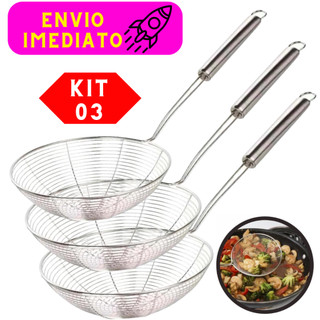 Kit 03 Escumadeiras Para Fritura Inox Reforçada Cabo Grosso Aço 100% Inoxidável Utensílio