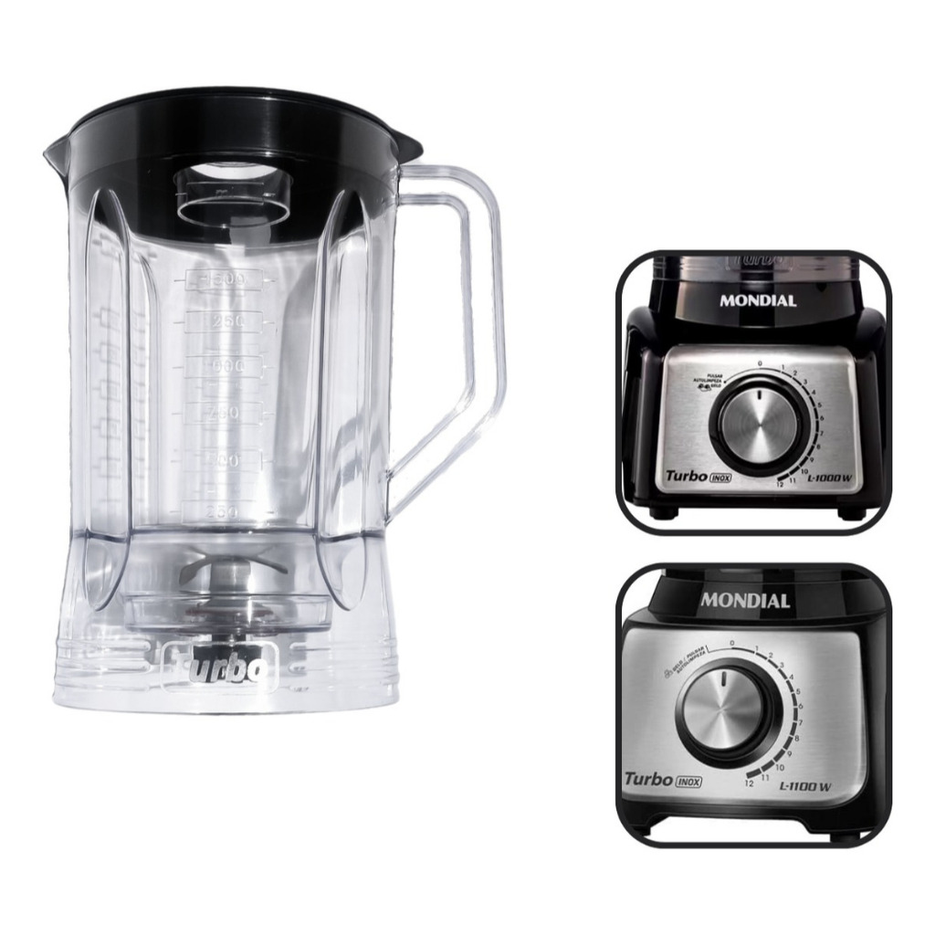 Copo Liquidificador Compatível Mondial Turbo Inox L1000 L-1000w L-1200w - Preto