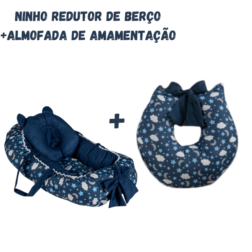Ninho Redutor de Berço + Almofada Amamentação + Travesseiro Anatômico Céu Marinho Menino em Oferta na Shopee