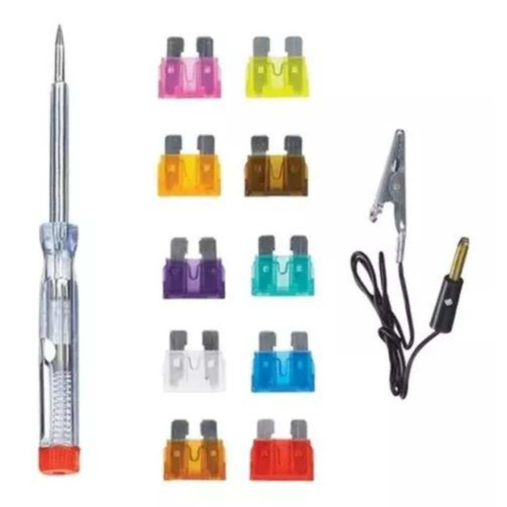 Kit Teste Fusível 12 Peças Caneta Teste E Garra Tipo Jacaré Automotivos com Chave de Teste e Grampo