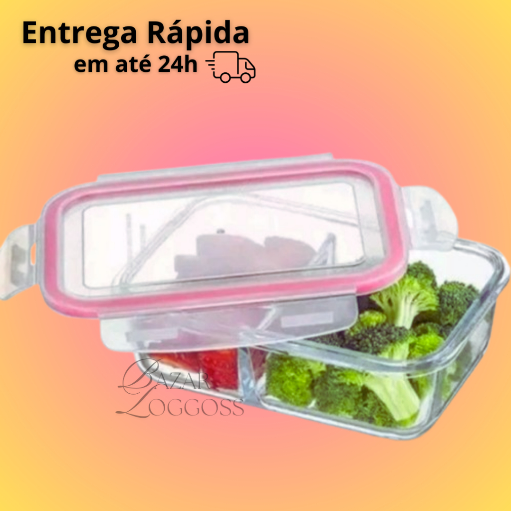 Pote Hermético Marmita Fitness Retangular De Vidro Com 2 Divisóris | 600ml
