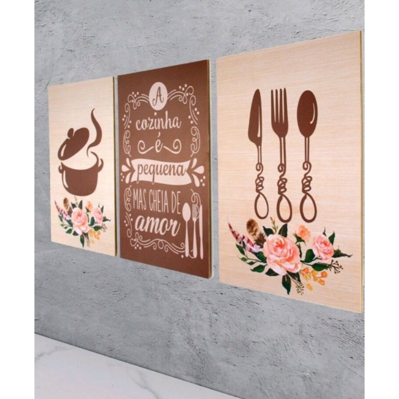 Quadro Decorativo 3 Peças Talheres Marrom Coxinha Cantinho Gourmet Frases
