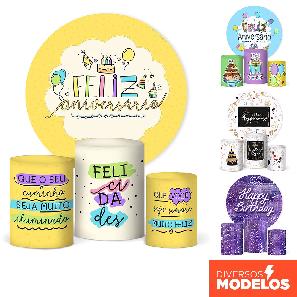 Trio Capa De Cilindro E Painel Redondo Festa Feliz Aniversário Decoração Em Tecido Veste Fácil em Oferta na Shopee