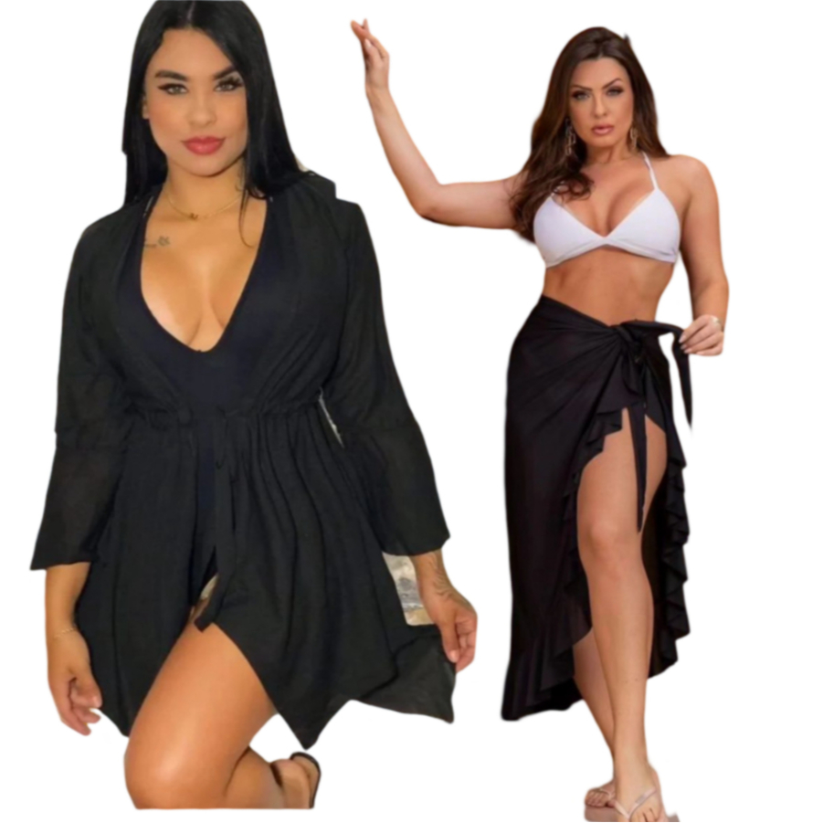 Saída de Praia  KIT kimono feminino de Amarra 4 pontas + SAIA PAREO Linda Verão seca rápido  2 peças