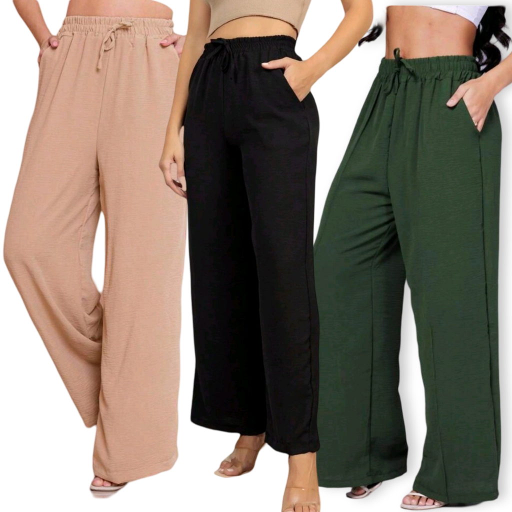 Calça pantalona feminina com bolso lateral cintura alta em Oferta na Shopee