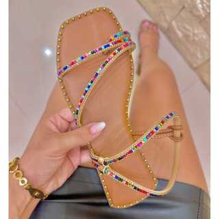 Rasteira Caramelo Sandalia Cravejada Rasteirinha Marrom Manta Strass Colorida Brilho