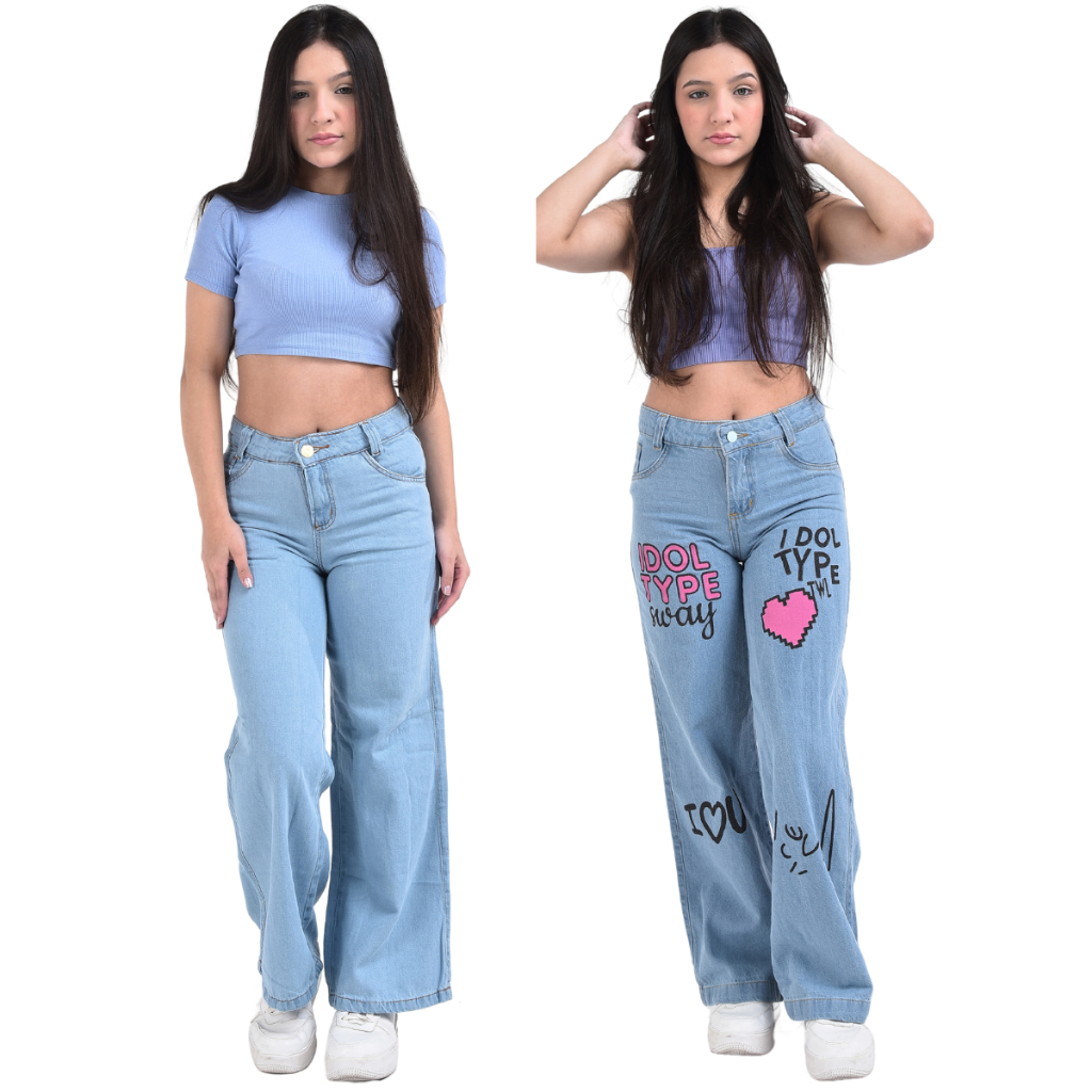 Calça wide leg jeans pantalona com desenho infantil juvenil menina