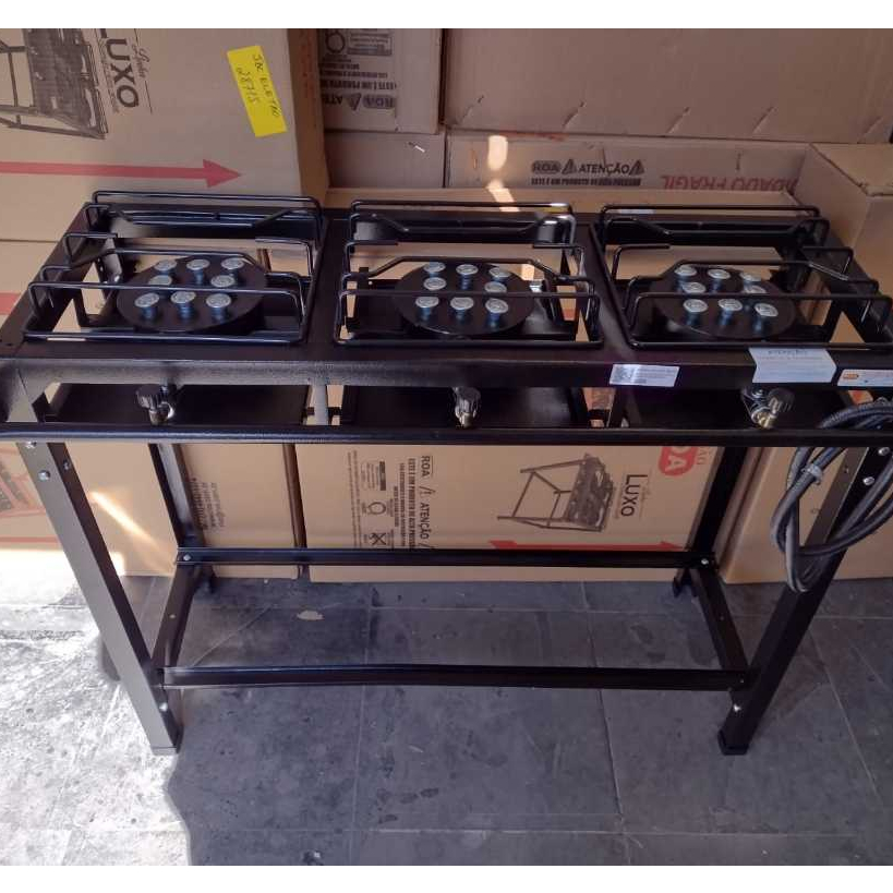 Fogão Industrial 3 Bocas Alta Pressão Preto c/ Mangueira e Registro em Oferta na Shopee