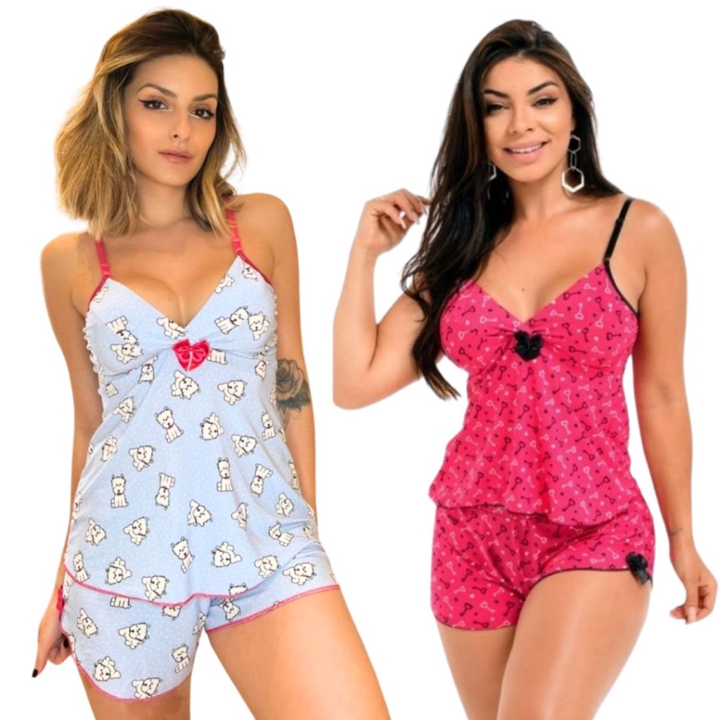 Kit 2 Pijama Baby Doll Feminino Conjunto Roupa de Dormir SHORT DOLL