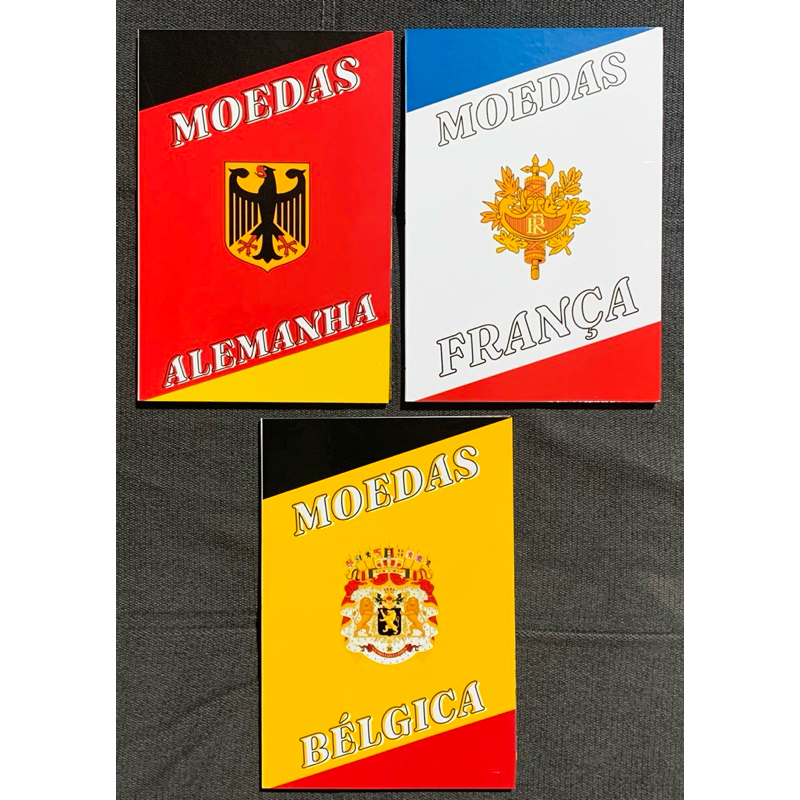 Kit com 3 Álbuns de moedas estrangeiras, Europa: para moedas da Alemanha, França e Espanha (Sem moedas).