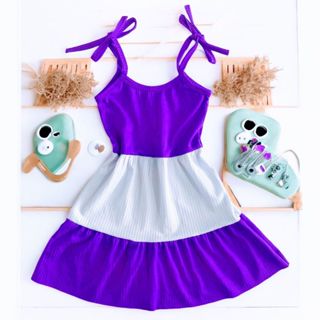 Vestido menina infantil Roxo e Branco alcinha de amarrar em Oferta na Shopee
