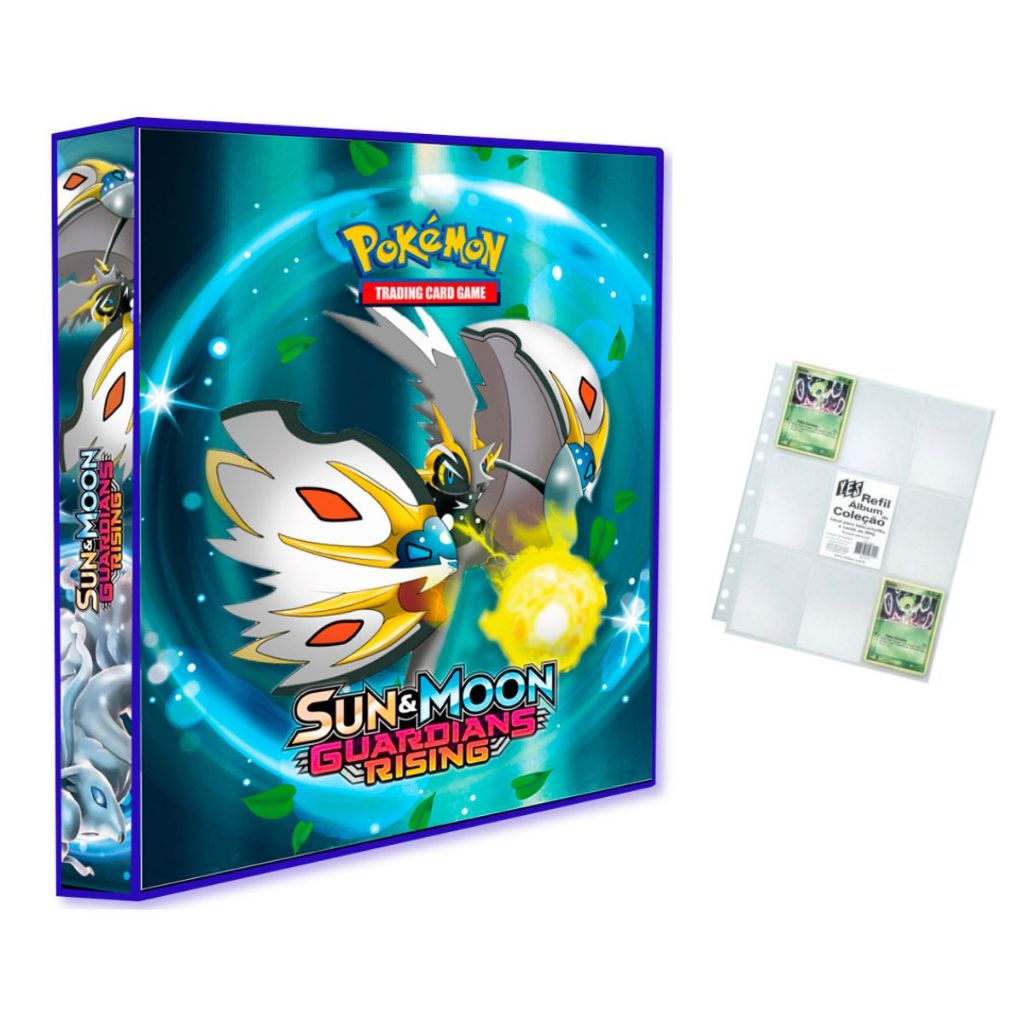 Álbum Pasta Fichário Pokemon com 10 Folhas YES 9 Bolsos Sun & Moon Guardians Rising Capa Dura TCG