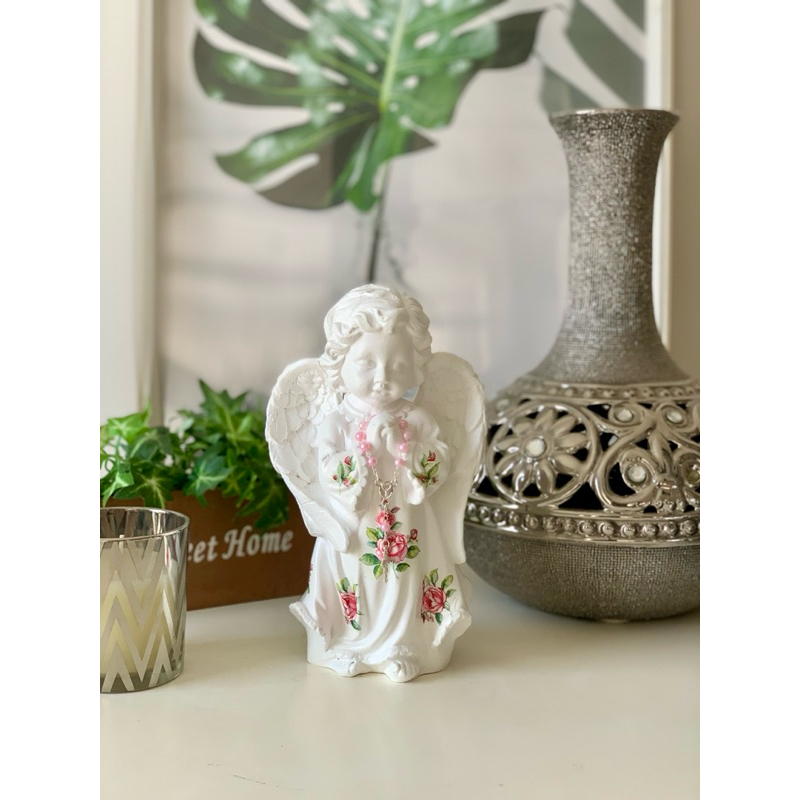 kit anjo da guarda 20 cm decoupage Flor gesso lembrancinha + mini terço azul ou rosa