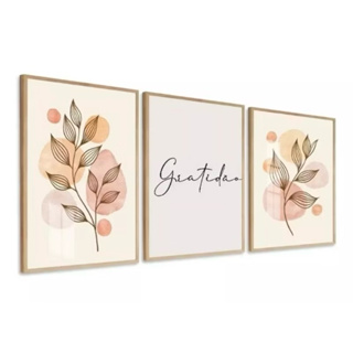 Quadro Decorativos 3 peças Folhas Delicadas Gratidão em Oferta na Shopee
