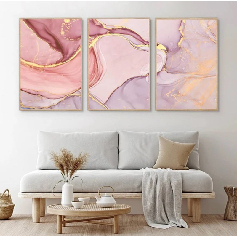 Quadro Decorativos Sala Quarto Escritorio 3 Peças Marmorizado Rosa Dourado em Oferta na Shopee