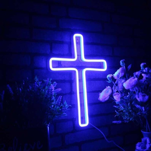 cruz placa formato neon led luminosa decoração casamento igreja
