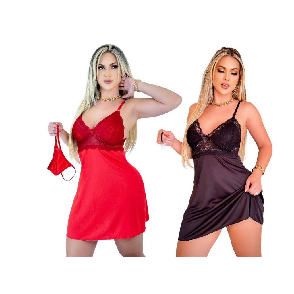 Kit 2 Camisola Feminina Sensual Sem Bojo Renda Acompanha Calcinha Fio Luxo Sexy Camisolas