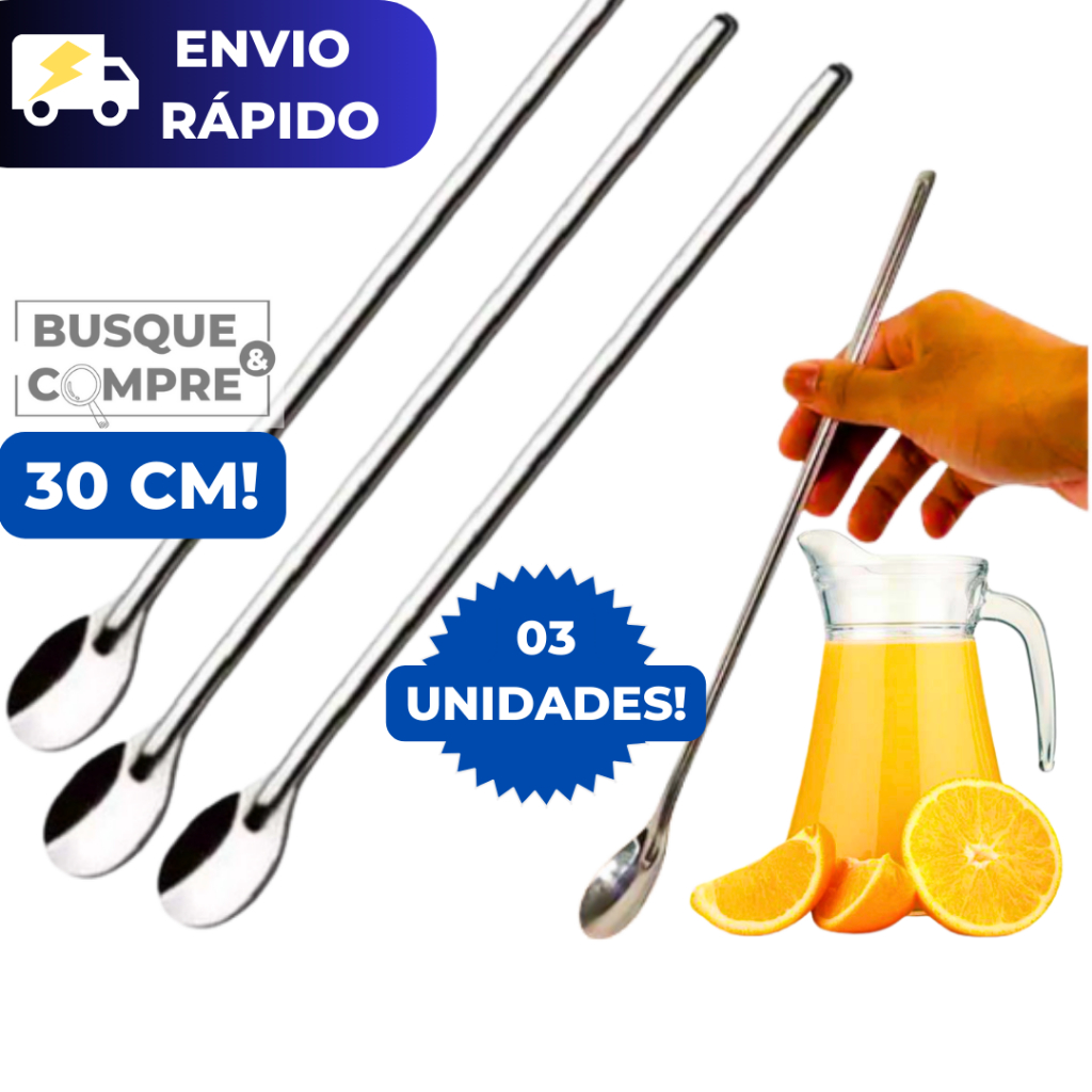 3 Colheres Grandes de 30cm Colher para Sucos Drinks Milkshakes Bebidas Aço Inox para Cozinha Suco em Oferta na Shopee