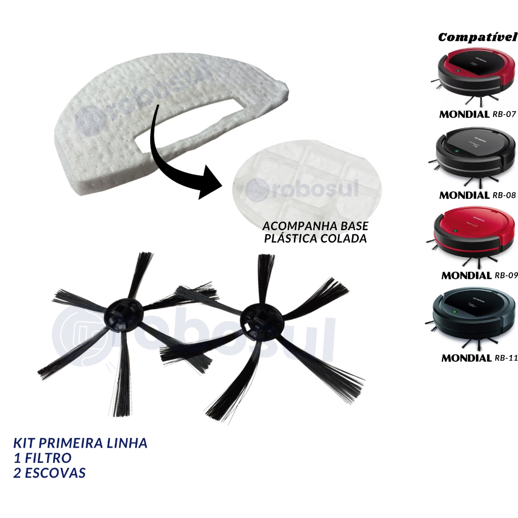 2 Escovas e 1 Filtro Para Robô Aspirador Mondial RB07 - RB08 - RB09 - RB11