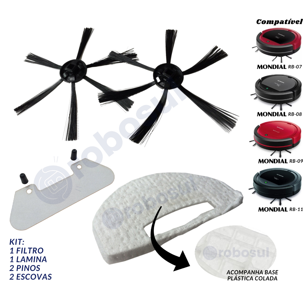 Escova Filtro Lamina e Pinos Robo Aspirador Mondial RB07 - RB08 - RB09 - RB11