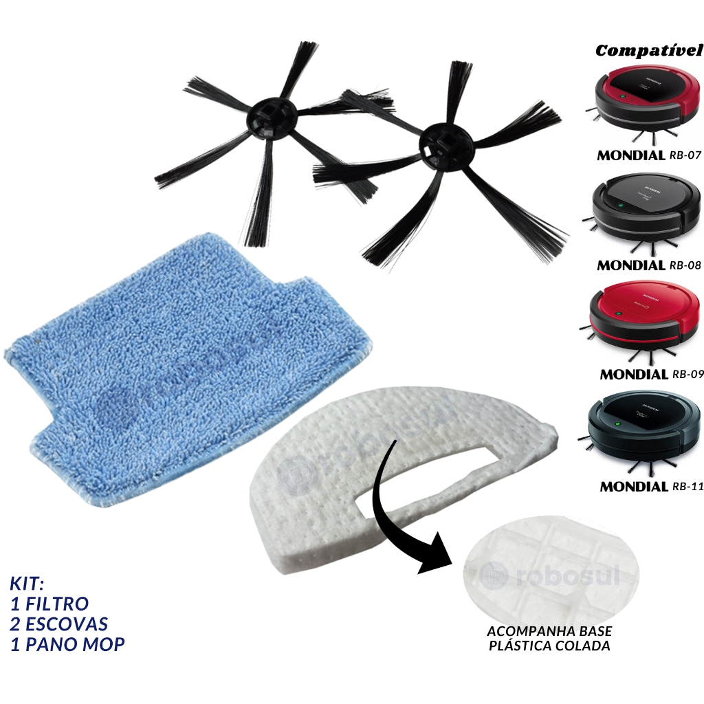 Escovas Filtro e Mop Para Robô Aspirador Mondial RB07 - RB08 - RB09 - RB11