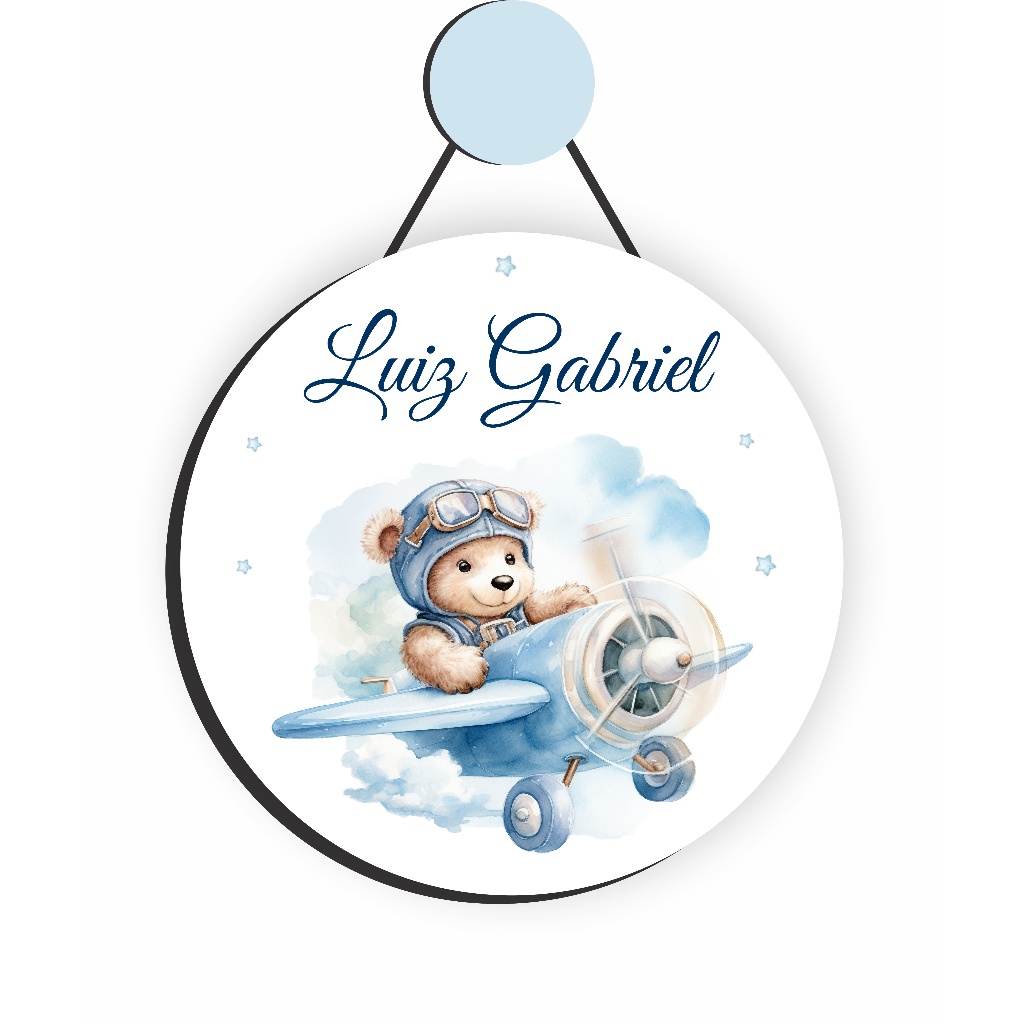 Enfeite Porta Maternidade Urso Aviador Aquarela, Ursinho Baby - Nome personalizado - GUIRLANDA